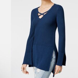 NWOT Free People The Andi Blue Criss Cross Bell Sleeve Tunic Sweater Size XS